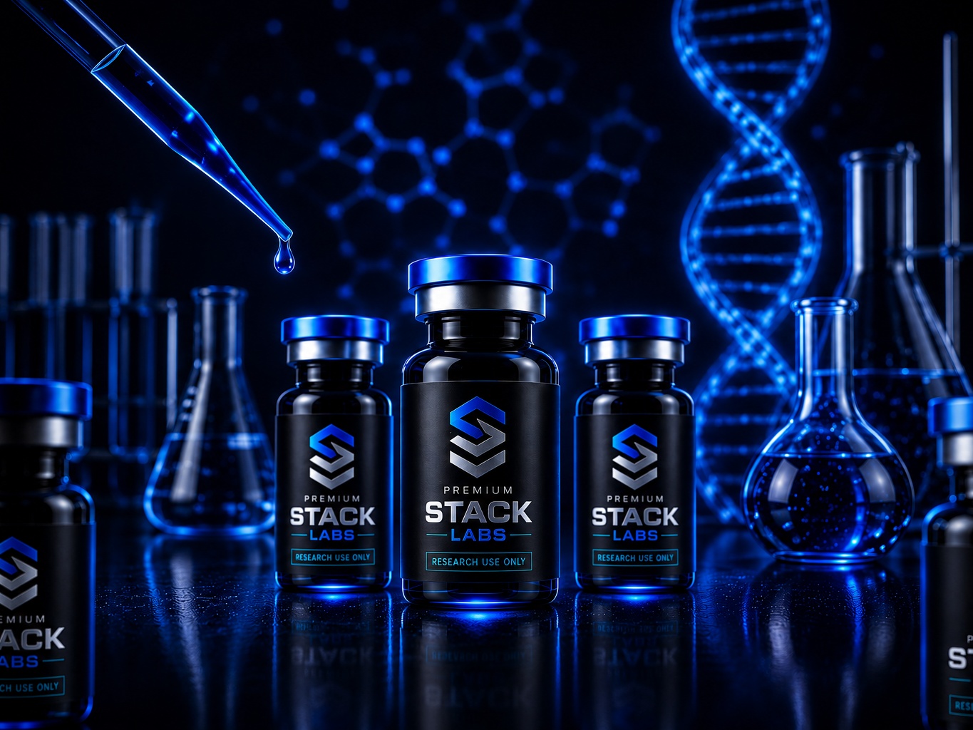 Research catalog image with photorealistic vials and lab glassware