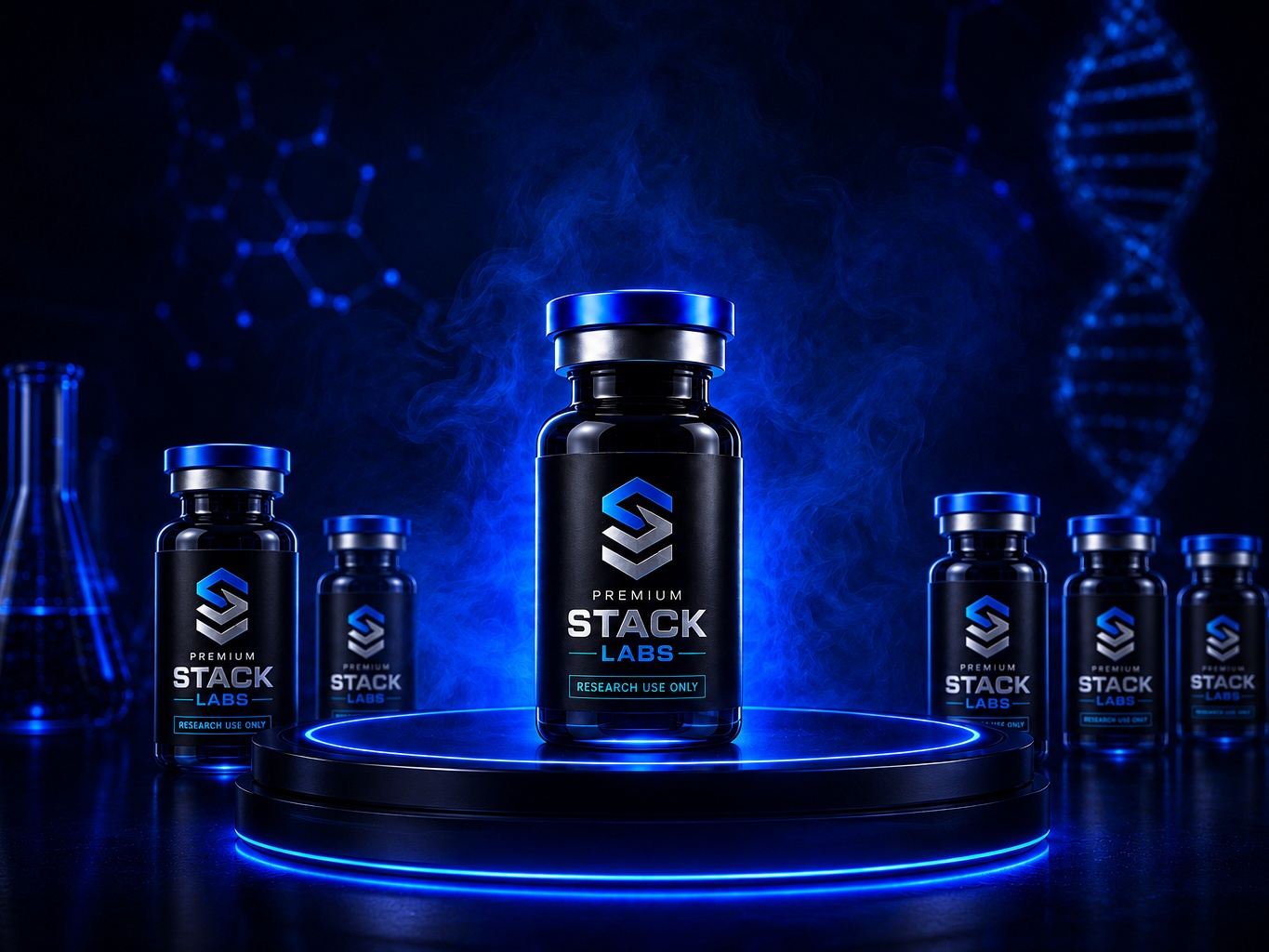 Featured product image with a premium vial on a glowing pedestal