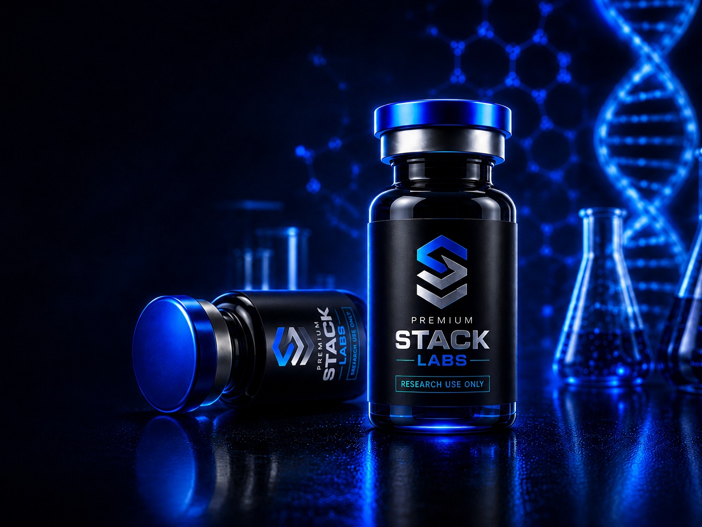 Single vial product image with photorealistic blue laboratory lighting