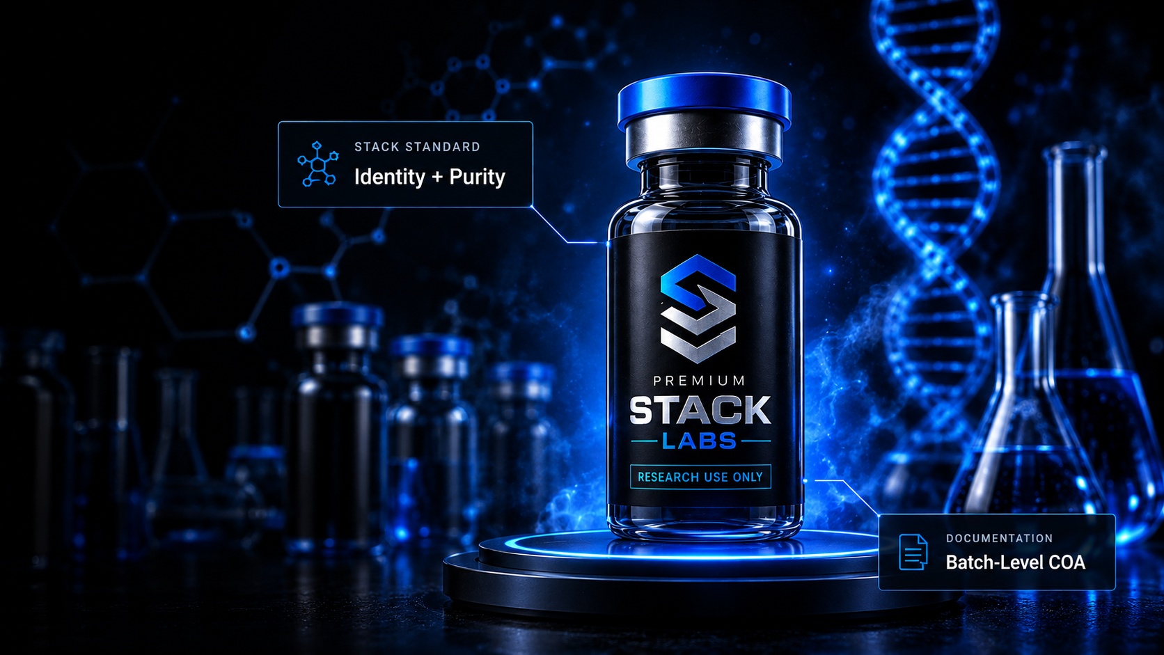 Premium laboratory vial with blue scientific graphics